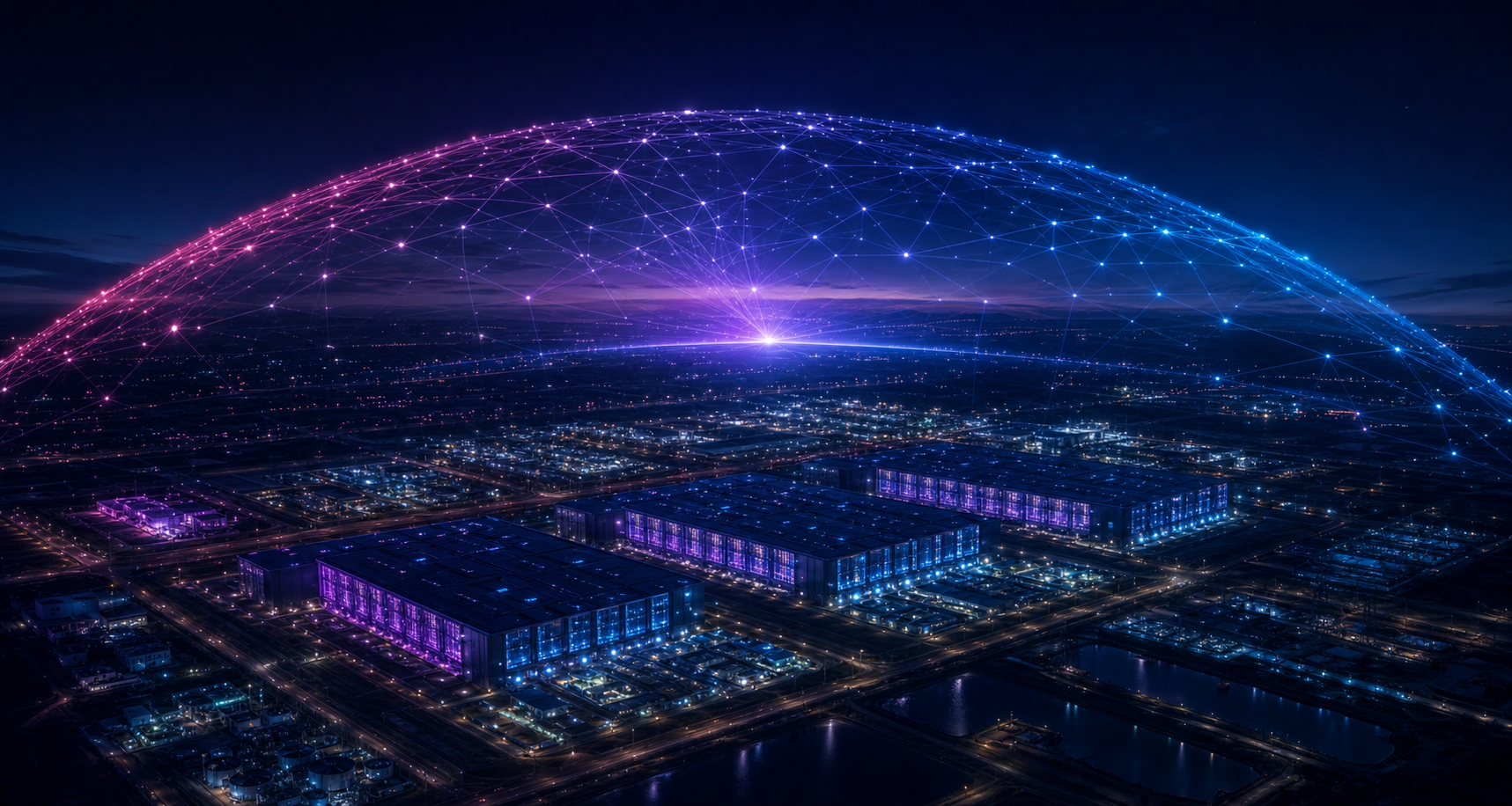 Aerial view of an AI infrastructure campus at dusk beneath a glowing global network dome