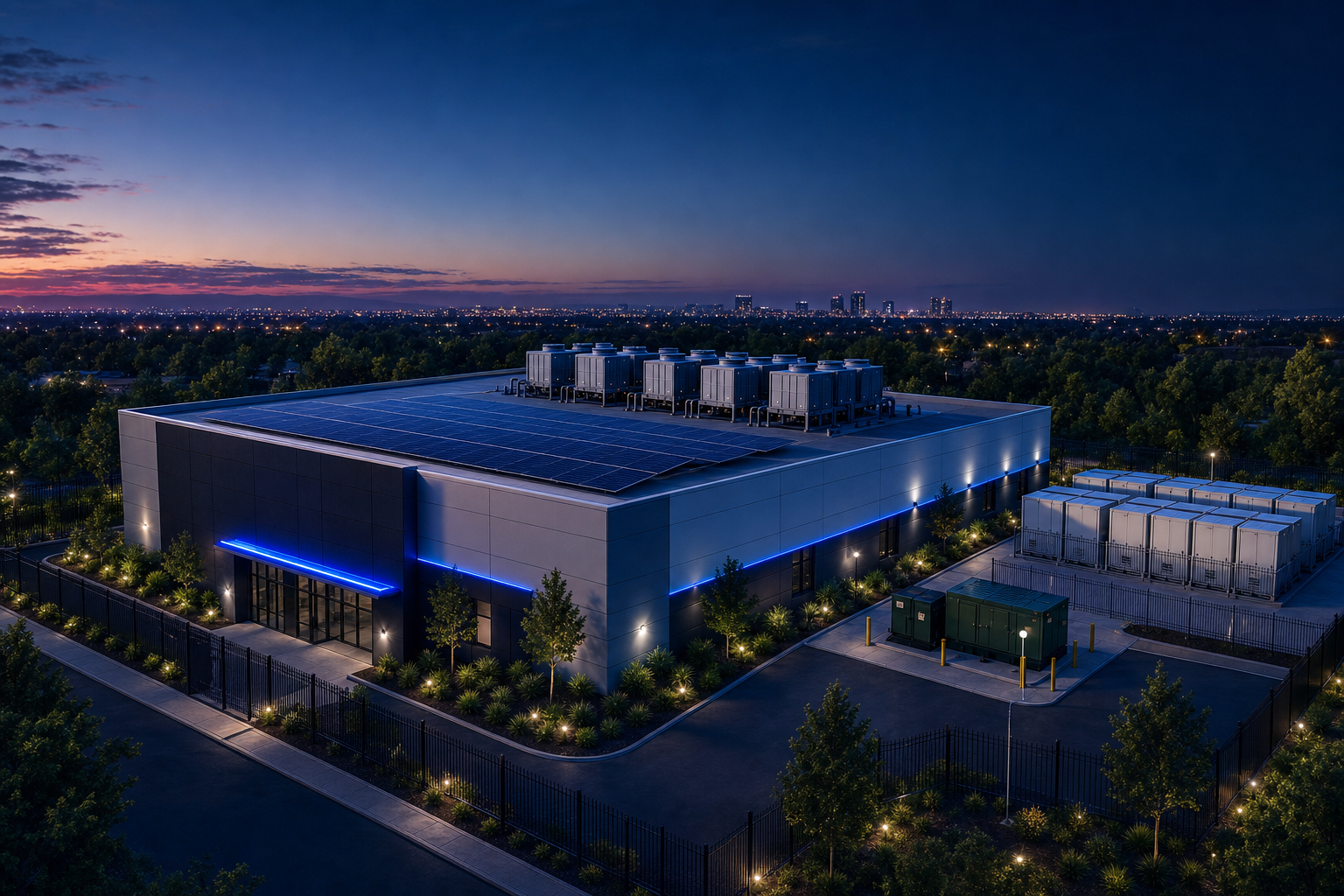 GENIOS edge AI data center at dusk with rooftop solar and battery storage