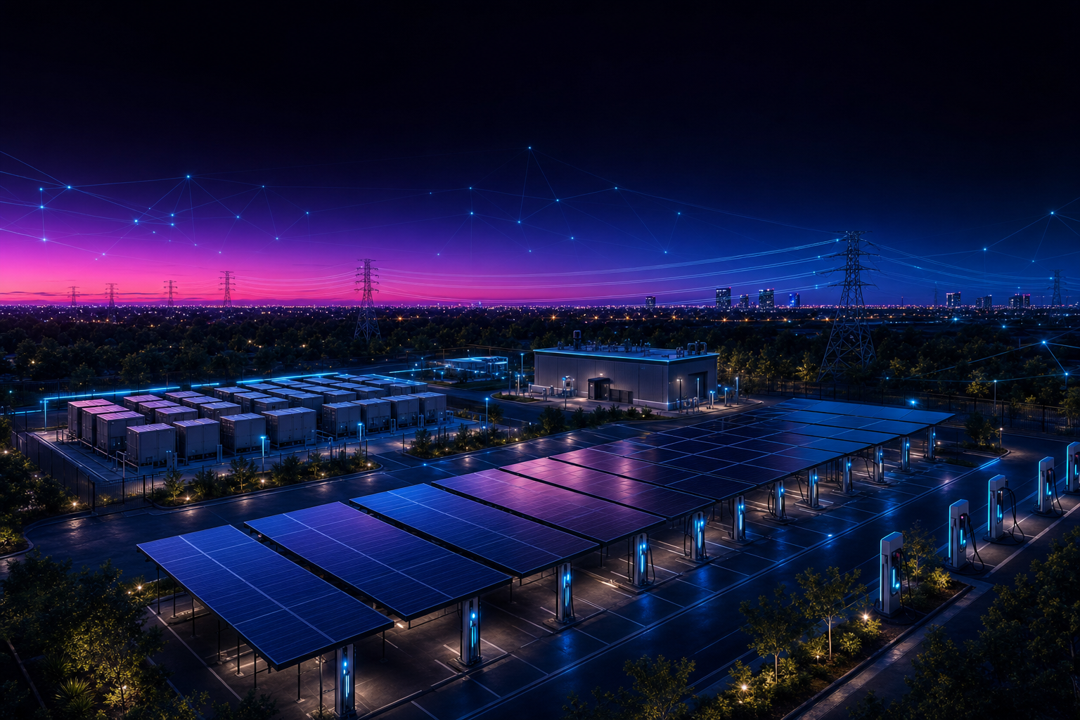 GENIOS hybrid energy facility at dusk with solar canopy, battery storage, and EV charging