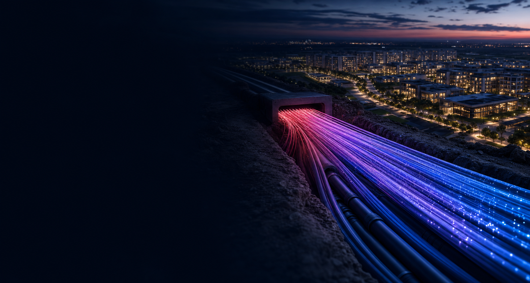 Fiber-optic conduit feeding a master-planned community at dusk